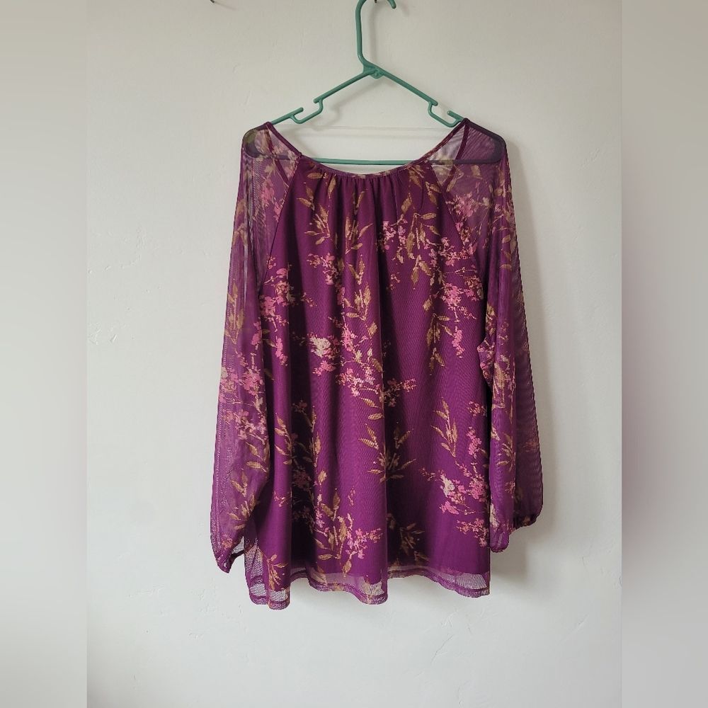 Purple Floral Sheer Mesh Plus Size Knit Blouse Top 3X Pullover V Neck Mature - Picture 6 of 8